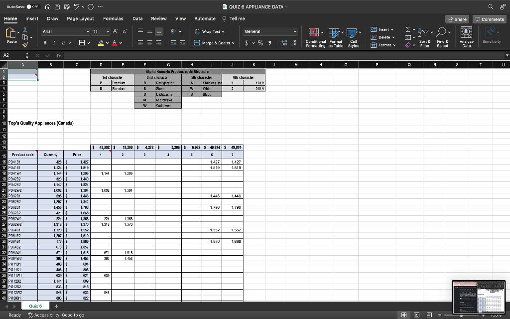  1) In J16: Use the product code breakdown provided at the