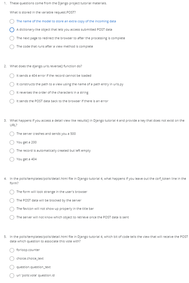  1. These questions come from the Django project tutorial materials. What
