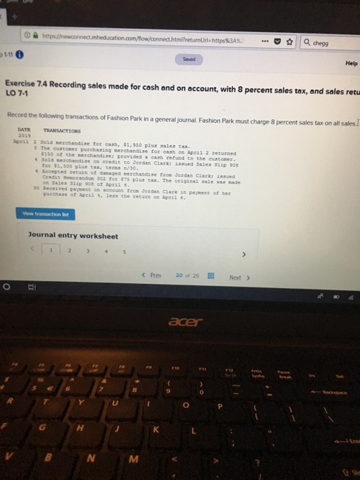 cash and on account, with 8 percent sales tax, and sales returns.