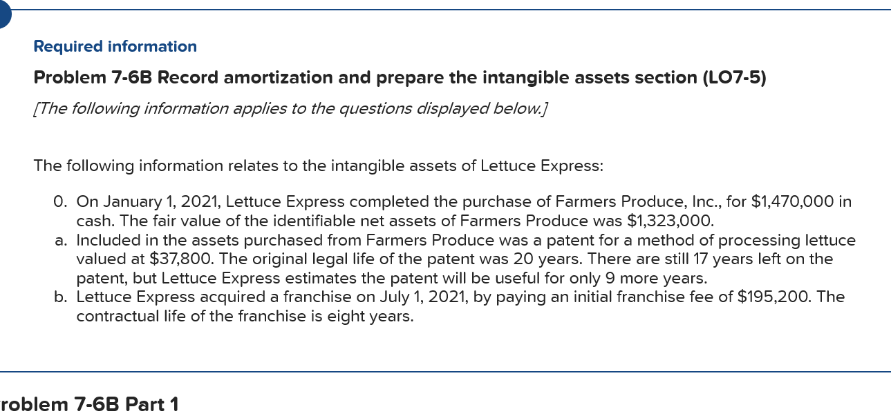 Problem 7-6B Record amortization and prepare the intangible assets section (LO7-5) [The