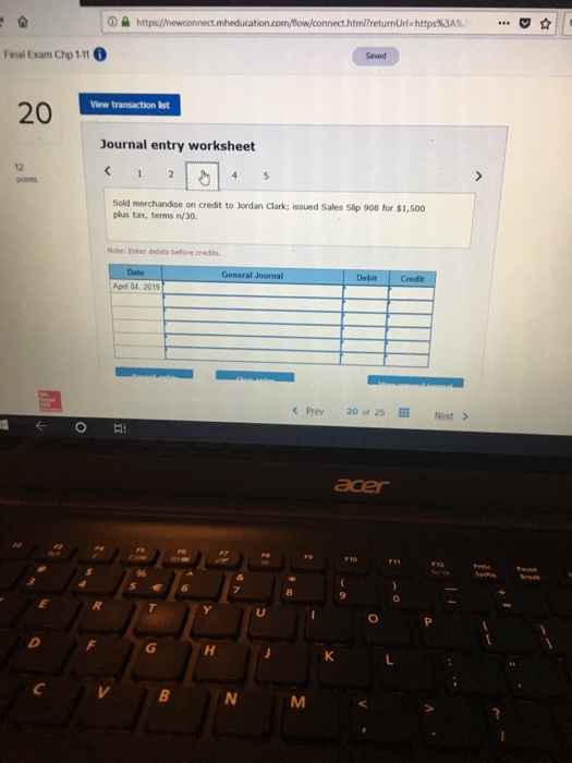 April 2 Sold nerchandise for cash, $1,950 plus salea tax, ) The