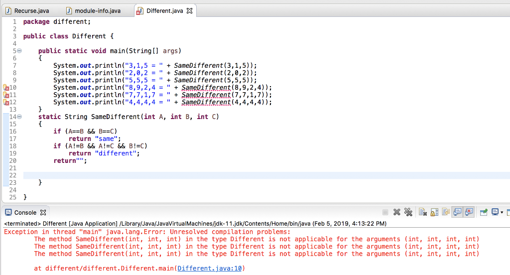 Create a program named different.java that has two overloaded methods that take