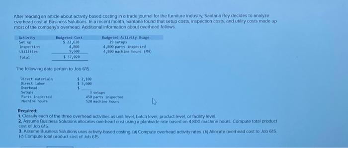  Afer reading an article about activity based costing in a trode