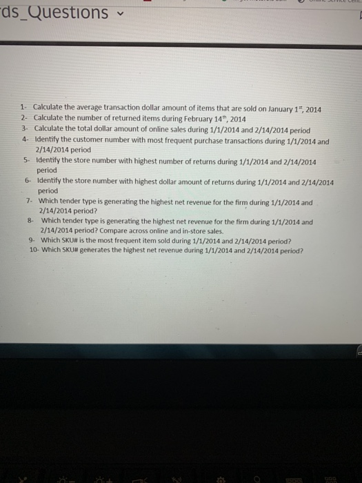 need sql code for question number 4 ds_Questions 1. Calculate the average