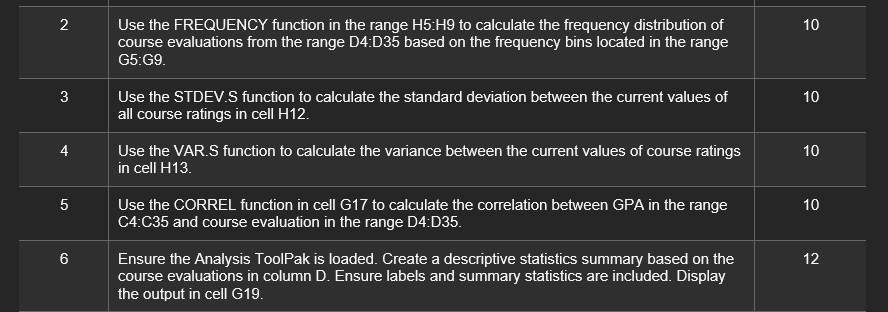 \begin{tabular}{c|l|c|c} \hline 2 & Use the FREQUENCY function in the range