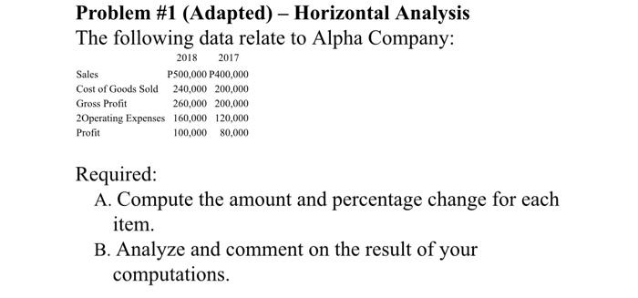  Problem #1 (Adapted) - Horizontal Analysis The following data relate to