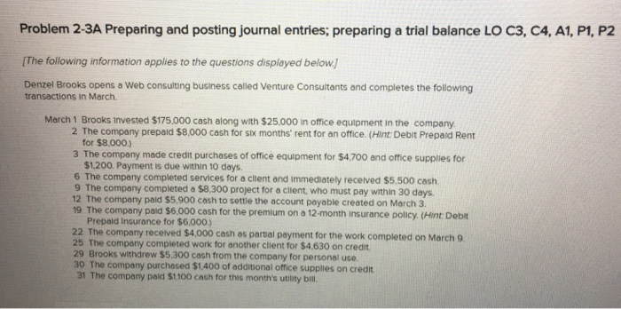  Problem 2-3A Preparing and posting journal entries; preparing a trial balance
