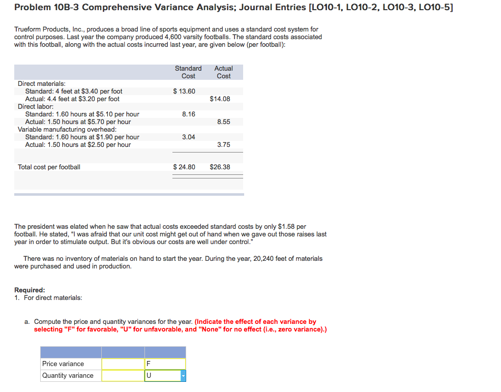  Problem 10B-3 Comprehensive Variance Analysis; Journal Entries [LO10-1, LO10-2, LO10-3, LO10-5]