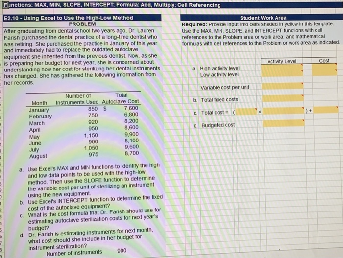  Functions: MAX, MIN, SLOPE, INTERCEPT: Formula: Add, Multiply: Cell Referencing E2.10