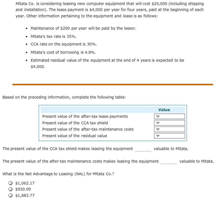 Evaluation by the Lessor 1. Options: ($9,707.06 ; $9,937.45, $14,933.94) 2. Options: