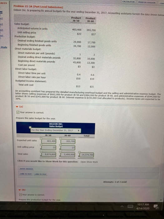  CALCULATOR JRCES PUNTER VERSION Problem 21-2A (Part Level Submission) Deleon Inc.