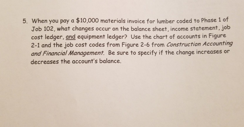 5. When you pay a $10,000 materials invoice for lumber coded