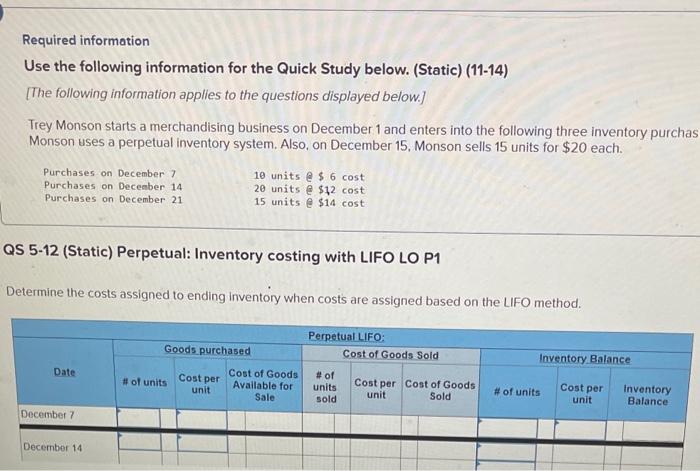  Required information Use the following information for the Quick Study below.