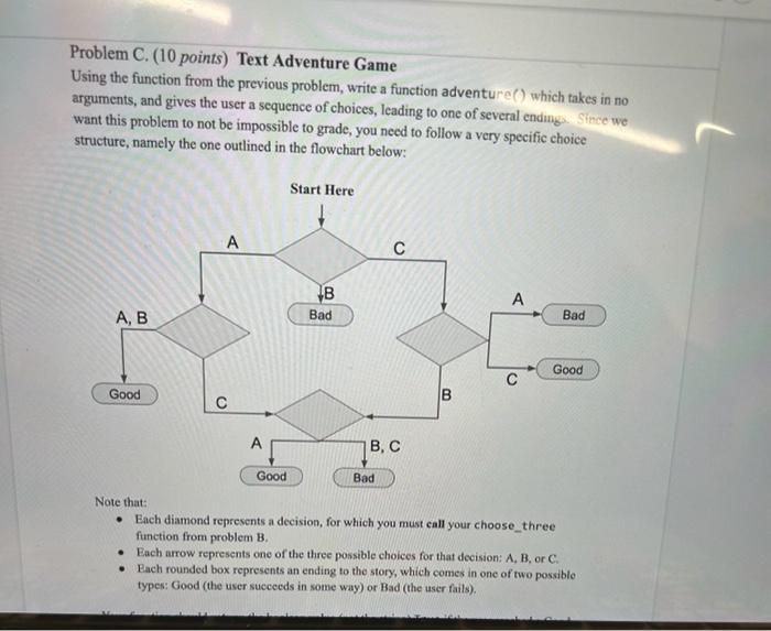  Problem C. (10 points) Text Adventure Game Using the function from