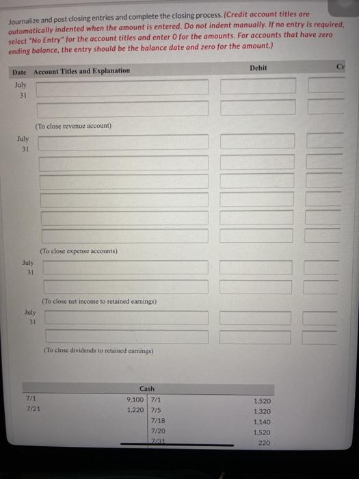  Journalize and post closing entries and complete the closing process. (Credit