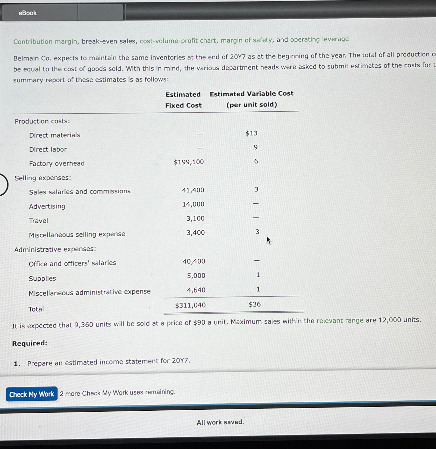  eBook Contribution margin, break-even sales, cost-volume-profit chart, margin of safety, and
