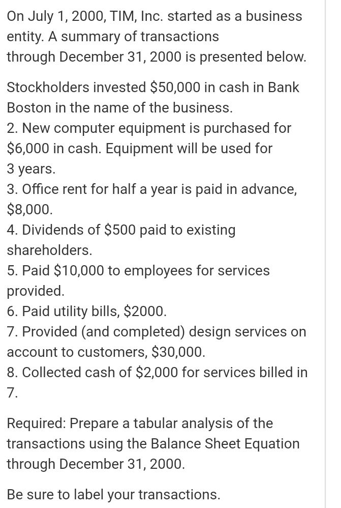  On July 1,2000, TIM, Inc. started as a business entity. A