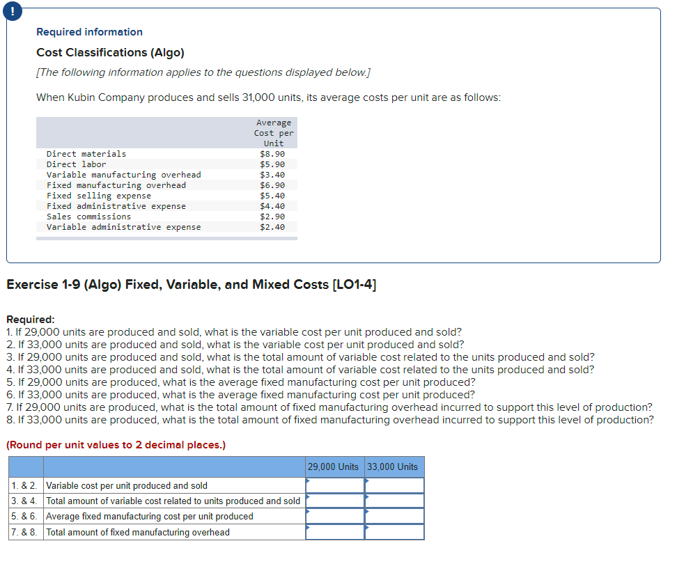 Required information Cost Classifications (Algo) [The following information applies to the questions