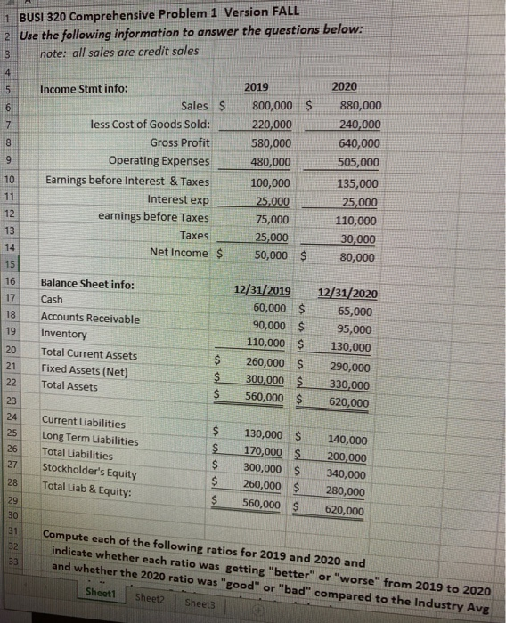  1 BUSI 320 Comprehensive Problem 1 Version FALL 2. Use the