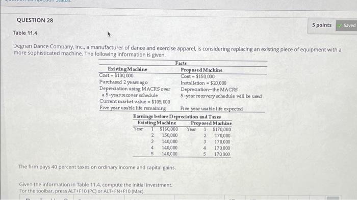 compute the initial investment QUESTION 28 5 points Saved Table 11.4 Degnan