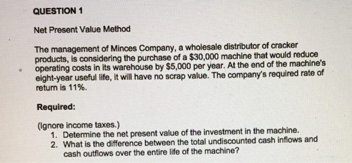  QUESTION 1 Net Present Value Method The management of Minces Company,
