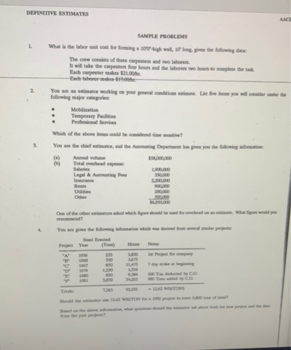  DEFINITIVE ESTIMATES AACE SAMPLE PROBLEMS What is the labor unit cost