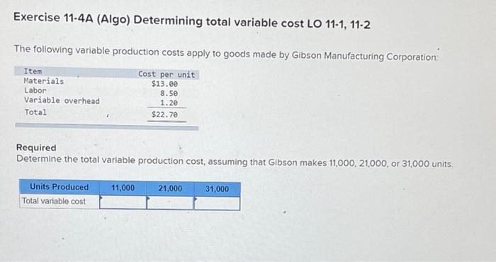 please help Exercise 11-4A (Algo) Determining total variable cost LO 11-1, 11-2