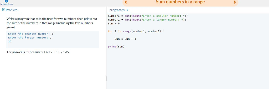  Sum numbers in a range E Problem program.py numberi int (input("Enter