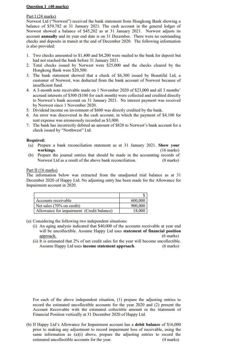  Question 1 (40 marks) Part I (24 marks) Norwest Ltd ("Norwest")