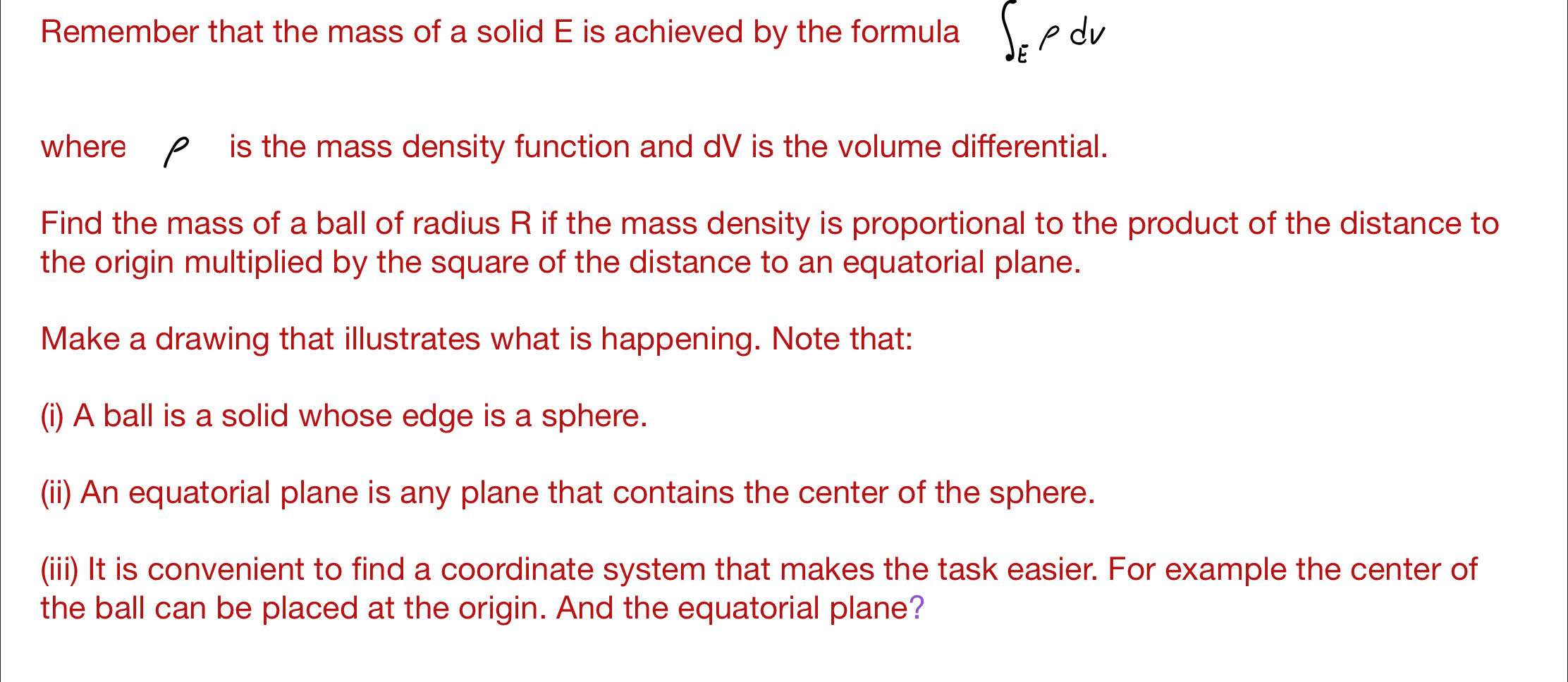 the frmula Sody where p is the mass desity function and du