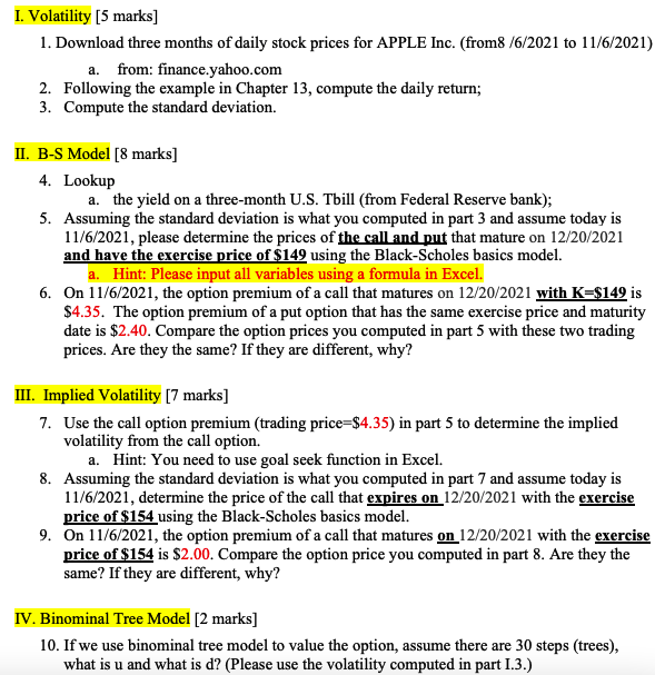 (5 marks] 1. Download three months of daily stock prices for APPLE