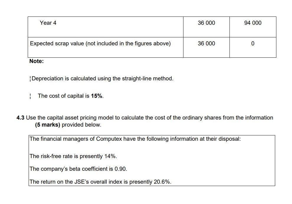 below and calculate the following: 4.1.1Payback period (in years, months and days)
