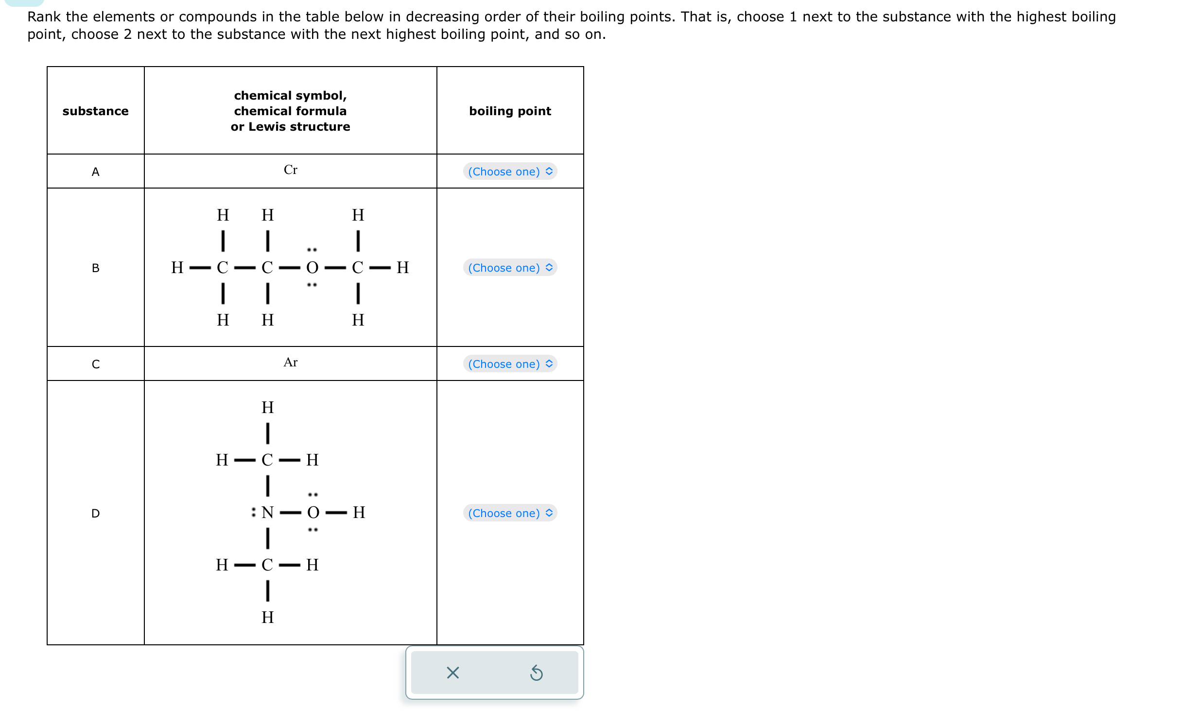  Rank the elements or compounds in the table below in decreasing