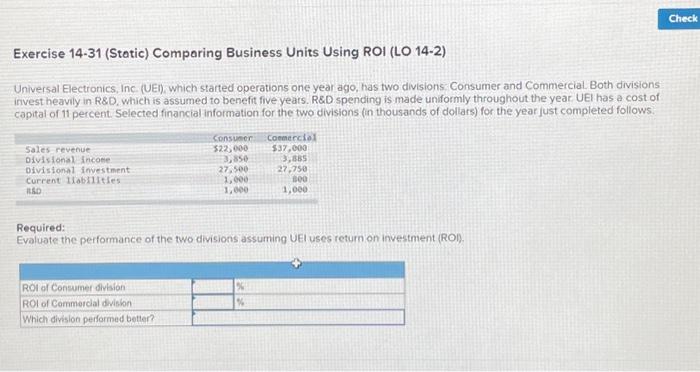  Exercise 14-31 (Static) Comporing Business Units Using ROI (LO 14-2) Universal