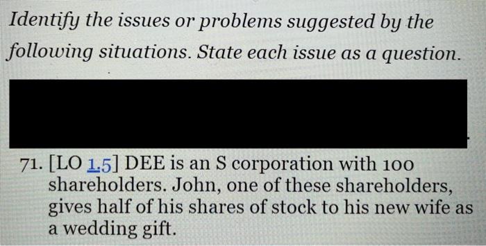  Identify the issues or problems suggested by the following situations. State