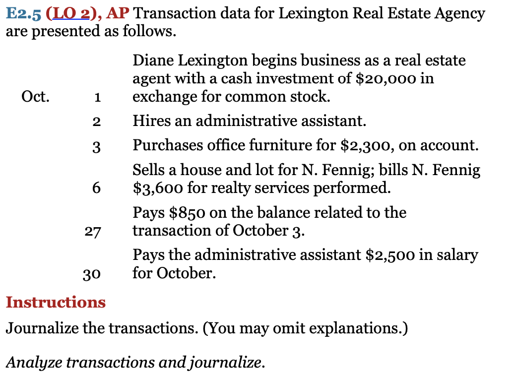  1 2 E2.5 (LO 2), AP Transaction data for Lexington Real