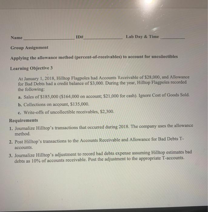 Name ID# Lab Day & Time Group Assignment Applying the allowance