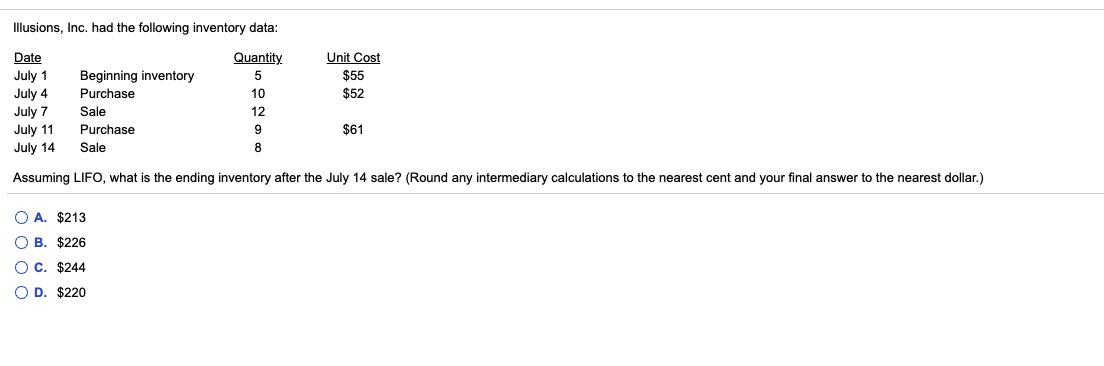  Illusions, Inc. had the following inventory data: Unit Cost $55 $52