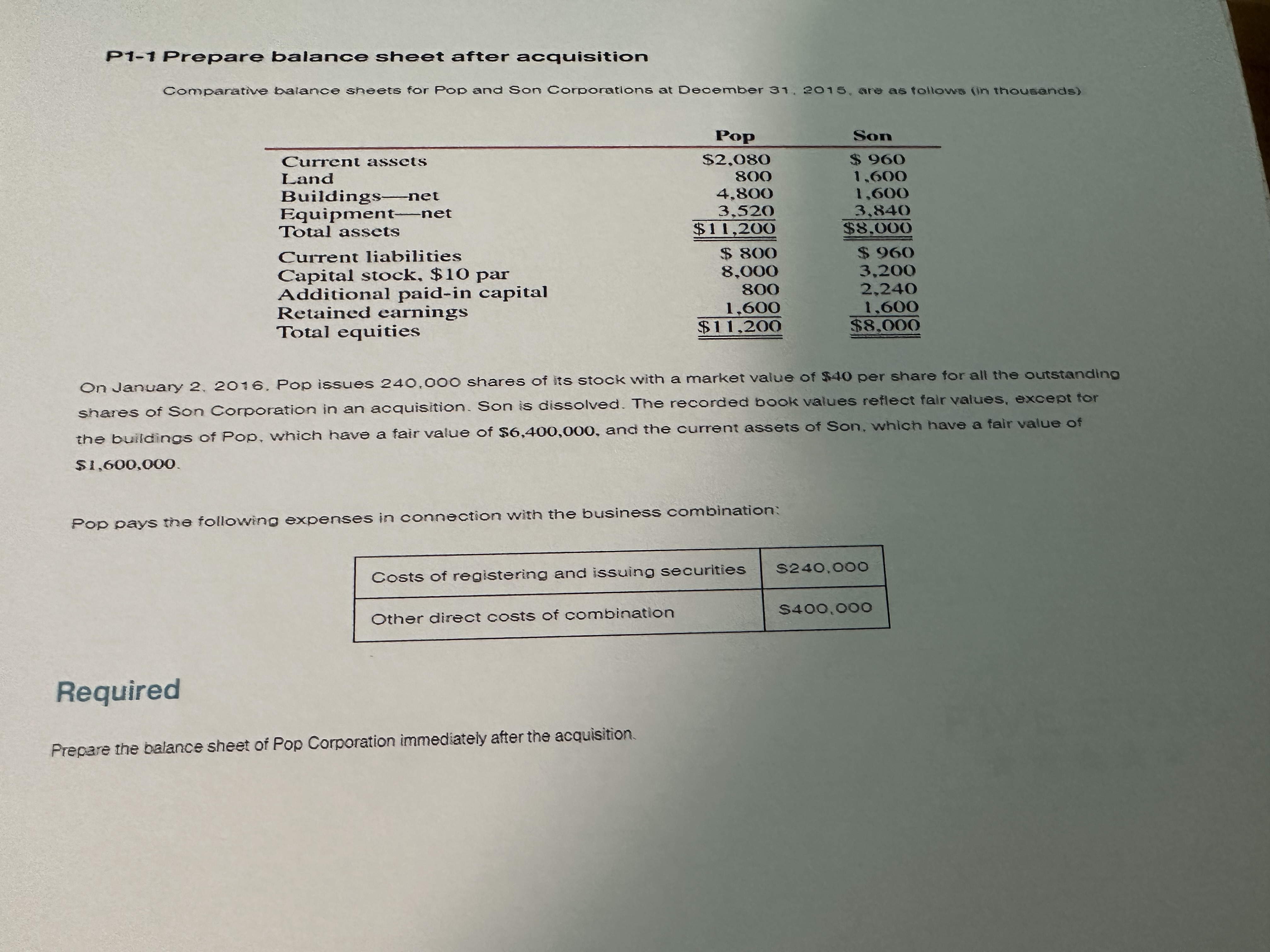  P1-1 Prepare balance sheet after acquisition Comparative balance sheets for POP