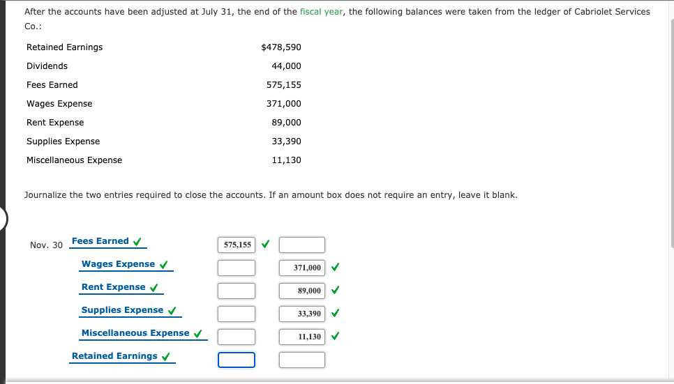 end of the fiscal year, the following balances were taken from the