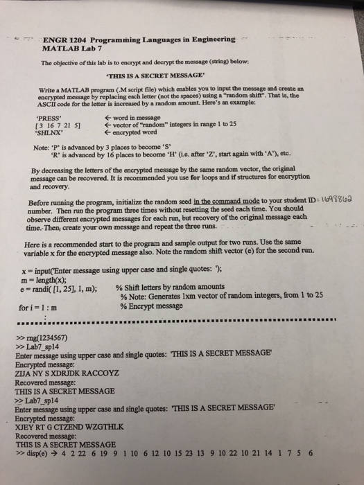  ENGR 1204 Programming Languages in Engineering MATLAB Lab 7 The objective