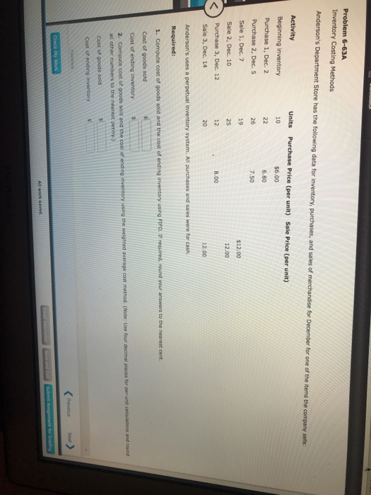  Problem 6-63A Inventory Costing Methods Anderson's Department Store has the following