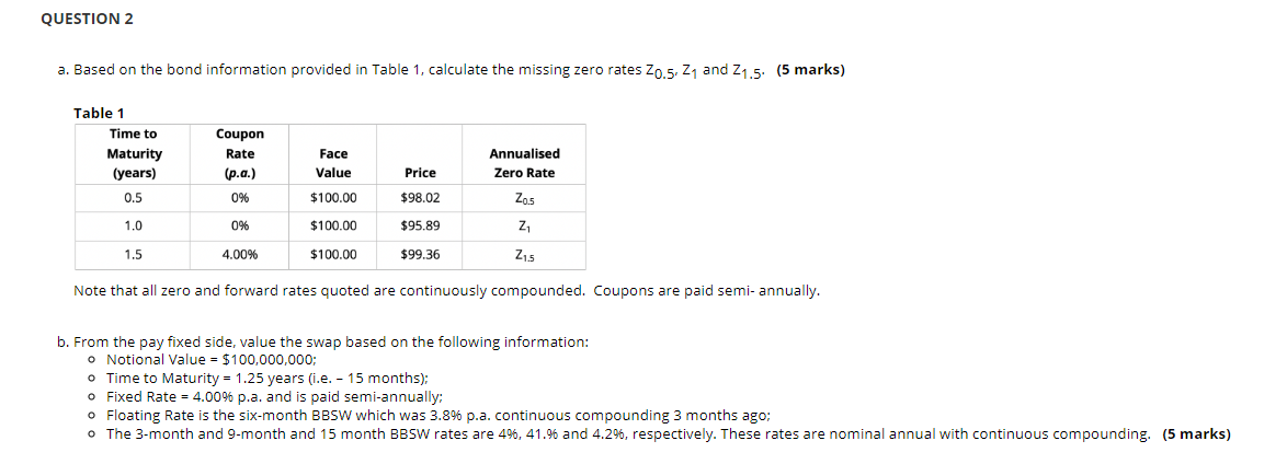 a. Based on the bond information provided in Table 1, calculate