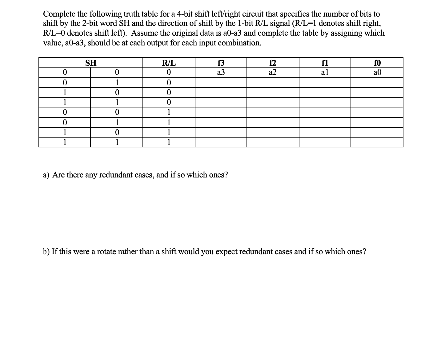  Complete the following truth table for a 4-bit shift left/right circuit