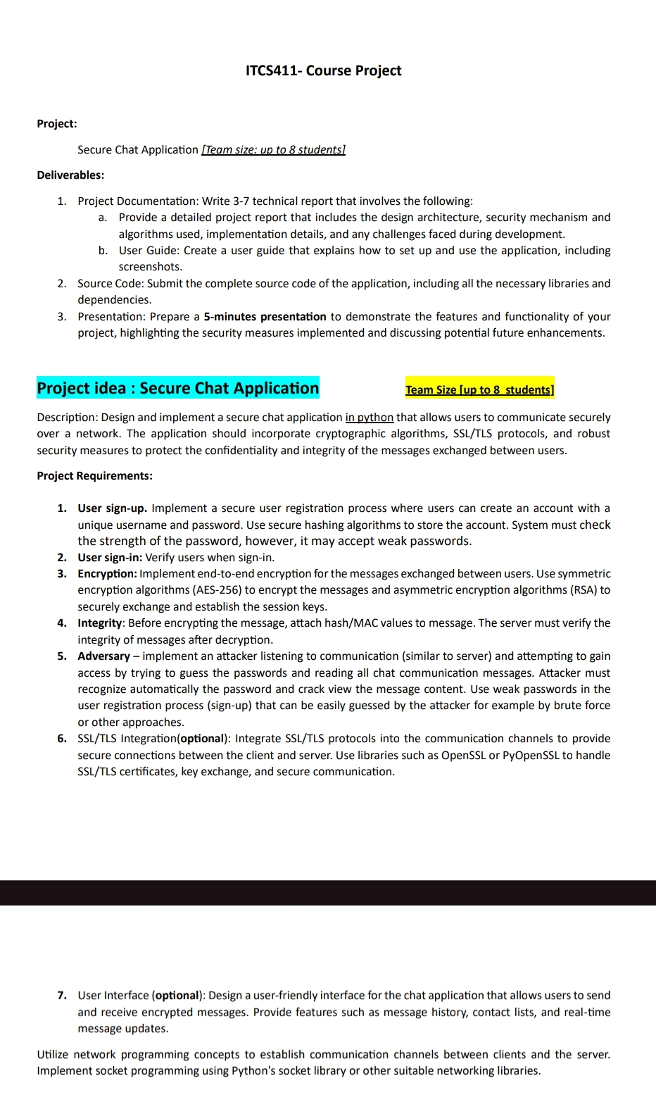  ITCS411- Course Project Project: Secure Chat Application [Team size: up to