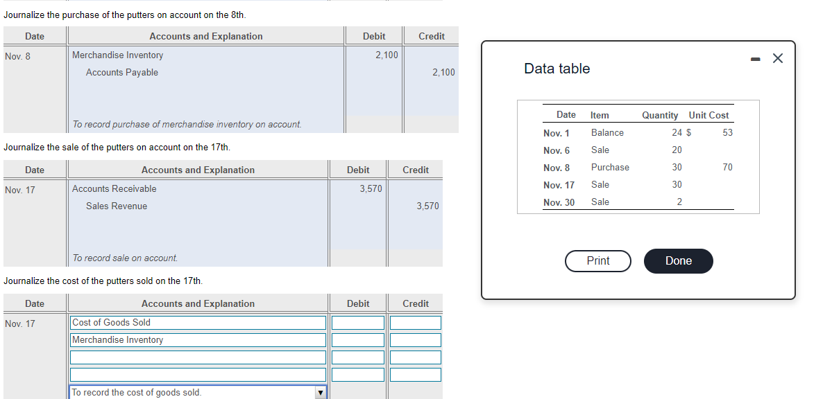 Nov 6, Journalize the sale of the putters on account on the