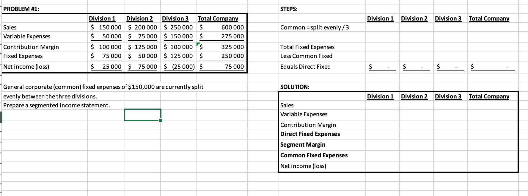 PROBLEM #1: STEPS: Division 1 Division 2 Division 3 Total Company
