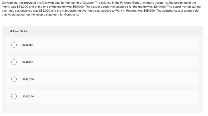  Grayson Inc. has provided the following data for the month of
