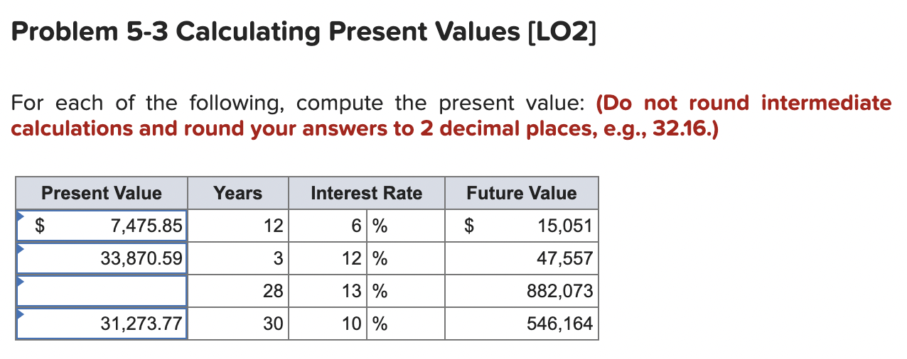  Problem 5-3 Calculating Present Values [LO2] For each of the following,