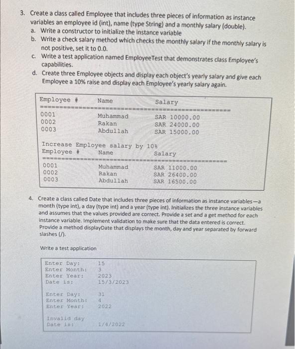 2 questions (java code) 3. Create a class called Employee that includes